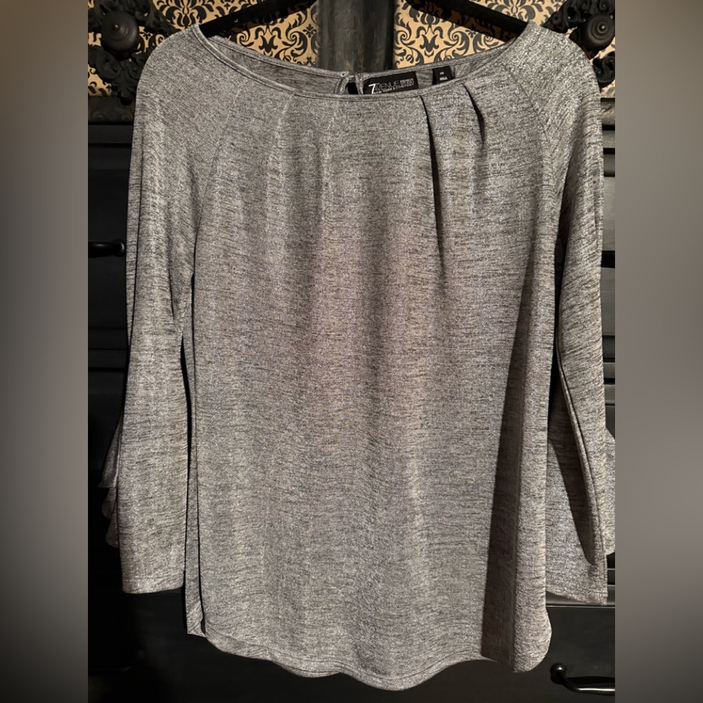 New York & Company Silver & Black Metallic Pleated 3/4 Bell Sleeve Blouse